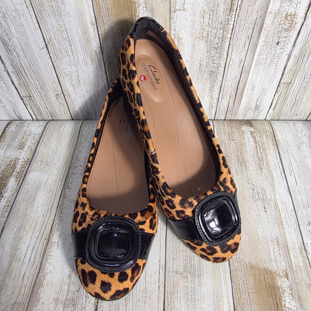 Clarks Unstructured Leopard Print Calf Hair Ballet Flats 8.5W Buckle 26154445506
